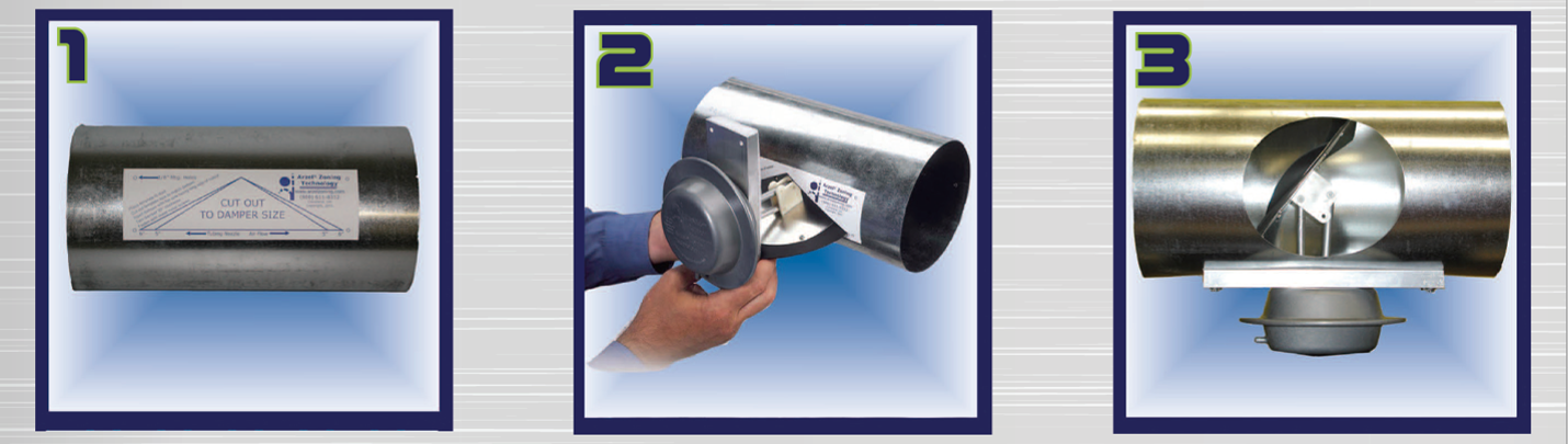 Image showing 3 steps to install an Arzel EzySlide damper. 1: Place the sticker on the duct. 2: Insert the damper. 3: Fasten the damper with sheet metal screws.