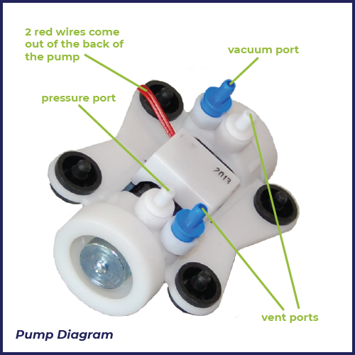 Pump diagram showing the pressure and vacuum ports on the Arzel panel pump