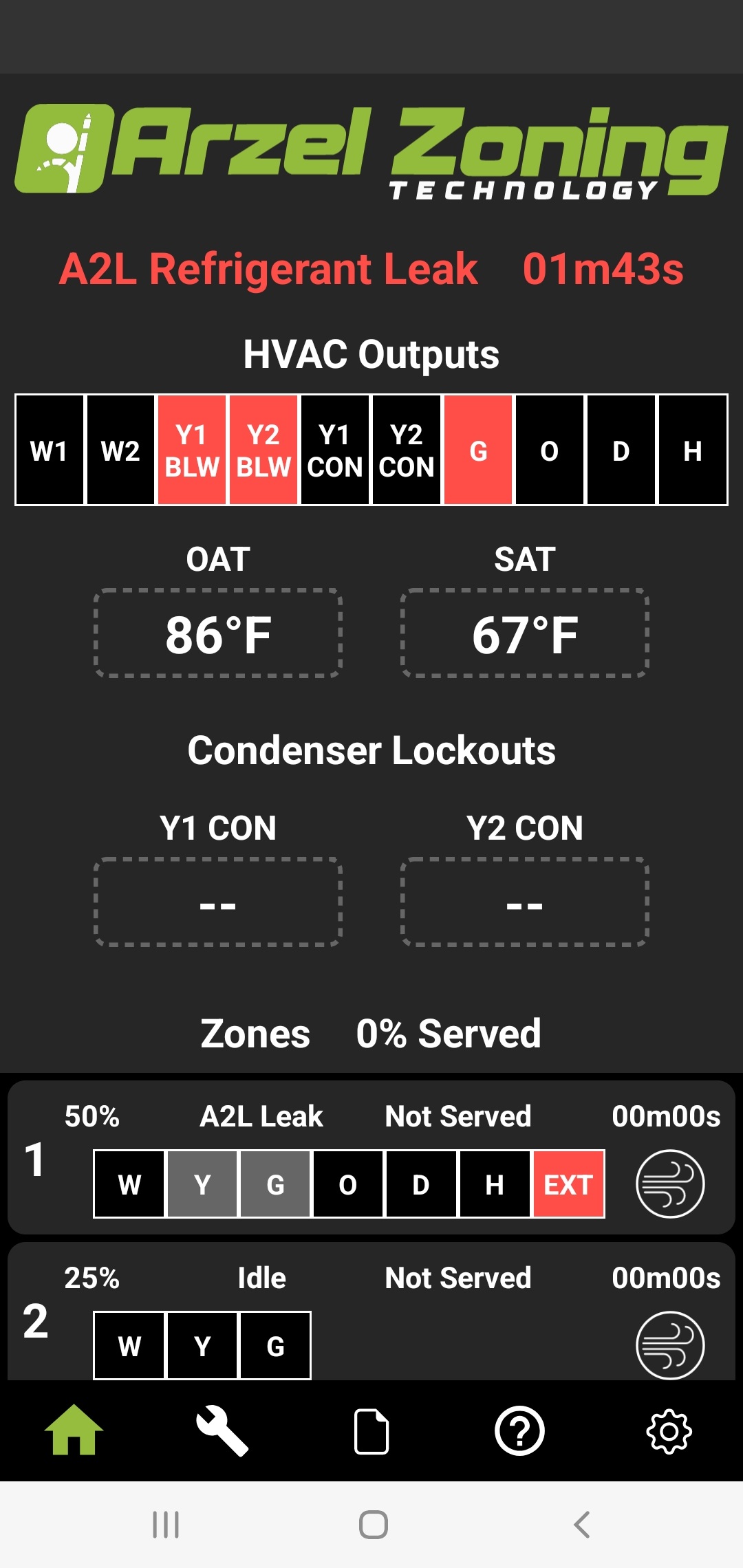 Dashboard from Arzel Pro mobile app showing the message "A2L Refrigerant Leak"