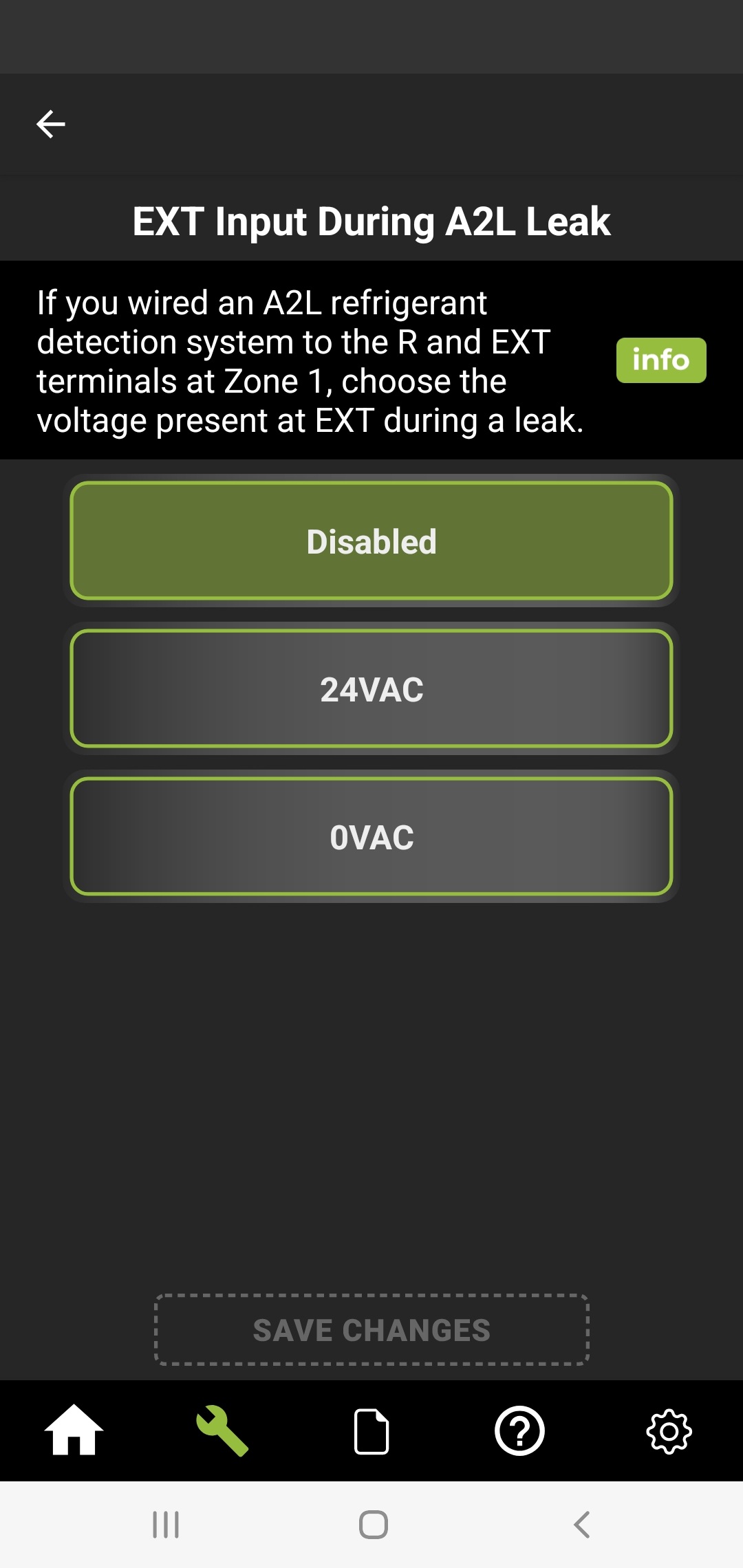 Screenshot of the setting called EXT Input During A2L Leak from the Arzel Pro mobile app
